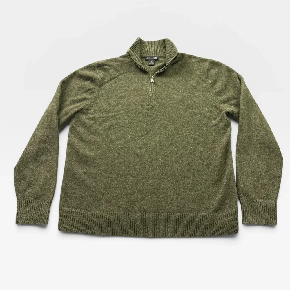 Banana Republic Quarter Zip Sweater Mens XL Olive Green Lambswool Cashmere Knit